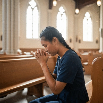 Person praying devoutly in a church pew during a weekday mass, clean image, no text, no words, no typography