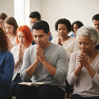 Group of people praying together, diverse ages, warm and inclusive atmosphere, no text, no words, no typography, clean image