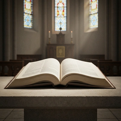 Otwarta księga Kodeksu Prawa Kanonicznego na ołtarzu, symbolizująca prawo kościelne