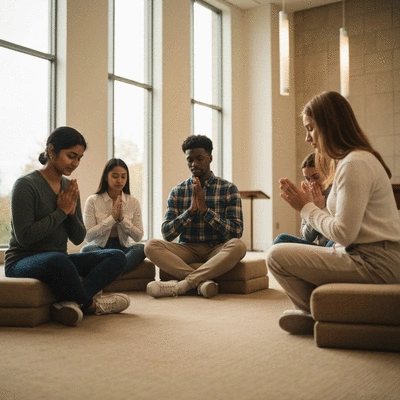 Students praying together in a modern university chapel, diverse group, warm lighting