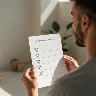 Person holding a checklist for self-reflection on spiritual actions, peaceful environment, soft lighting