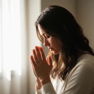 Person praying with hands clasped, soft light, spiritual atmosphere