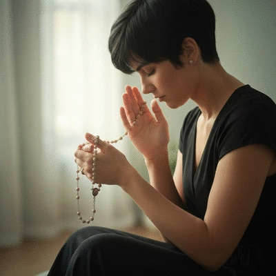 Person deeply immersed in prayer, holding a rosary, with soft spiritual lighting