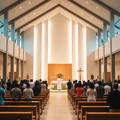 People gathered in a church, focused on the altar during mass, symbolizing community and worship
