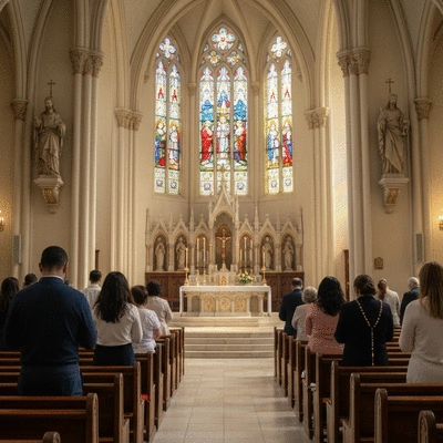 Wierni modlący się na różańcu w kościele, z rzymskokatolicką ikonografią w tle, no text, no words, no typography, clean image