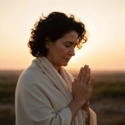 Person praying peacefully at sunset