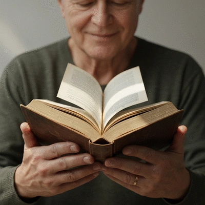 Osoba trzymająca w dłoniach otwarty brewiarz, z delikatnym, rozproszonym światłem padającym na strony, symbolizującym spokój i refleksję.