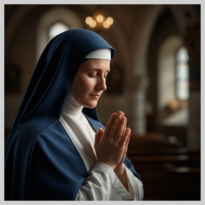 Św. Faustyna w zakonie, modląca się, z delikatnym, spokojnym wyrazem twarzy, otoczona subtelnym światłem, w tle rozmazany klasztor, no text, no words, no typography, clean image