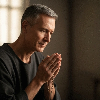 Person praying devoutly with rosary beads, symbolizing spiritual growth and reflection