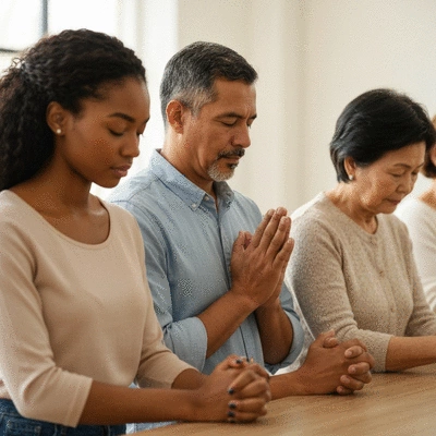 Diverse group of people praying together, focusing on community and shared faith, no text, no words, no typography, clean image