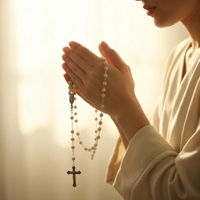 Person praying with rosary beads in clasped hands, soft lighting, spiritual setting