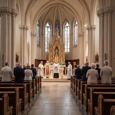 People gathered in a church for a solemn celebration, with priests leading the service, soft lighting, no text, no words, no typography, clean image