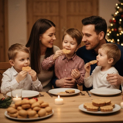Family sharing traditional Christmas wafer during Wigilia dinner