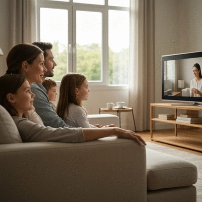 Rodzina oglądająca Mszę online razem w domu