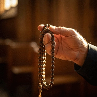 Person praying with rosary beads, symbolic of spiritual reflection