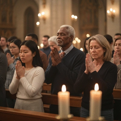 Wierni modlący się w kościele podczas Wigilii Paschalnej
