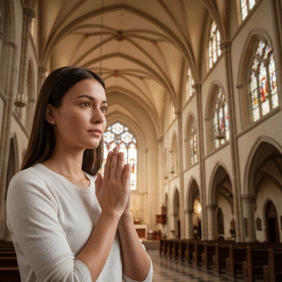 Młoda osoba modląca się w kościele, symbolizująca duchowy rozwój i świadomość wiary