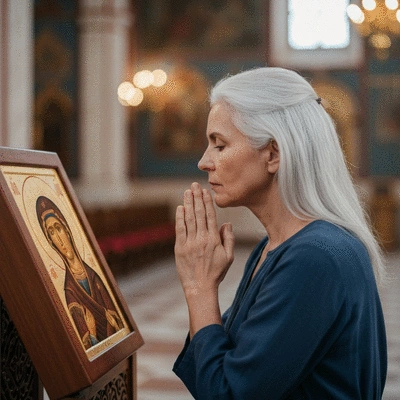Zamyślona kobieta modląca się przed wizerunkiem Matki Bożej, z rozmazanym tłem kościoła
