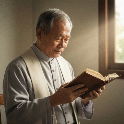 Osoba modląca się z brewiarzem w dłoniach, w tle delikatne światło słoneczne, no text, no words, no typography