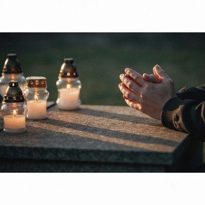 Ręce złożone w modlitwie nad zniczami na cmentarzu, symbolizujące zadumę i pamięć o zmarłych.