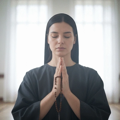 Person in prayer with rosary beads, soft lighting