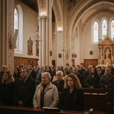 Community of people gathered in a church, warm lighting, sense of unity and reflection