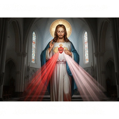 Obraz Jezusa Miłosiernego, z promieniami czerwonymi i bladymi wychodzącymi z serca, w tle kościół, no text, no words, no typography, clean image