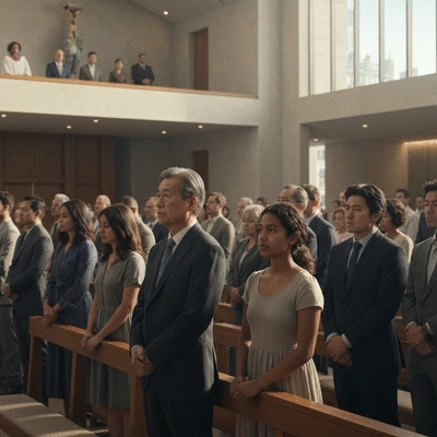 People attending a mass in a large, modern city church, clean image, no text, no words, no typography