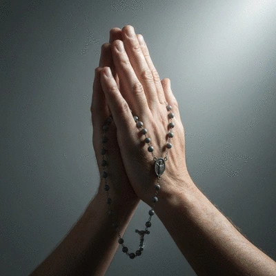 Ręce złożone do modlitwy, z różańcem, delikatne, eteryczne światło, symbolizujące duchowy wzrost i spokój, no text, no words, no typography, no labels, clean image