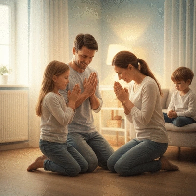 Happy family praying together, warm light