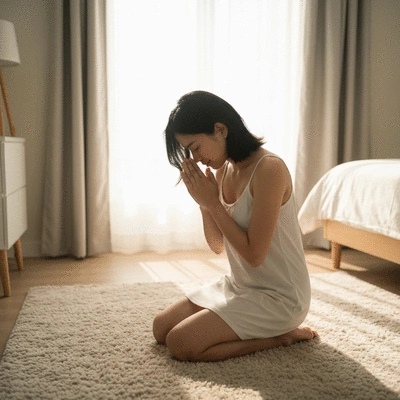 Person praying peacefully before sleep