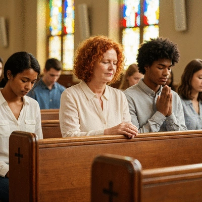Diverse group of people in a church pew, engaged in prayer, warm and inviting atmosphere, natural lighting, no text, no words, no typography, clean image