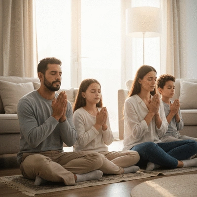 Family praying together at home, serene atmosphere, warm lighting