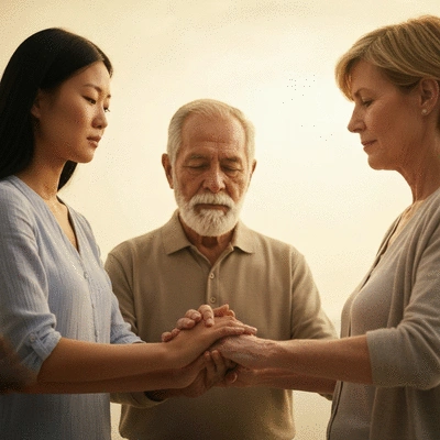 Group of people holding hands in a circle, symbolizing community support and shared prayer