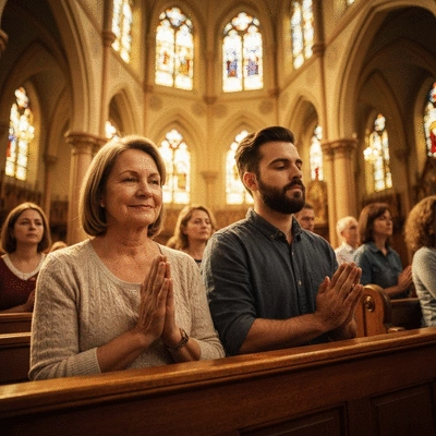 Grupa osób modlących się razem w kościele, symbol wspólnoty i wsparcia duchowego, no text, no words, no typography