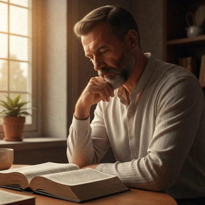 Zamyślona osoba czytająca książkę o tematyce religijnej, z otwartą Biblią w tle, w ciepłym, spokojnym otoczeniu