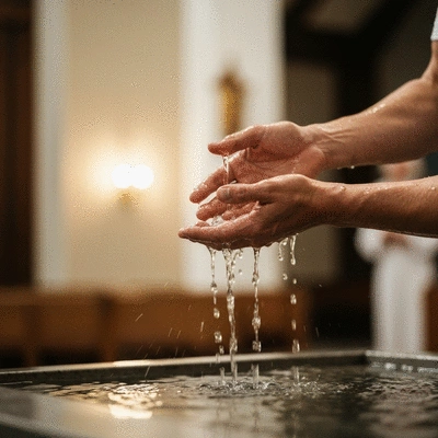 Ręce dorosłej osoby podczas chrztu, z wodą symbolizującą odnowienie.